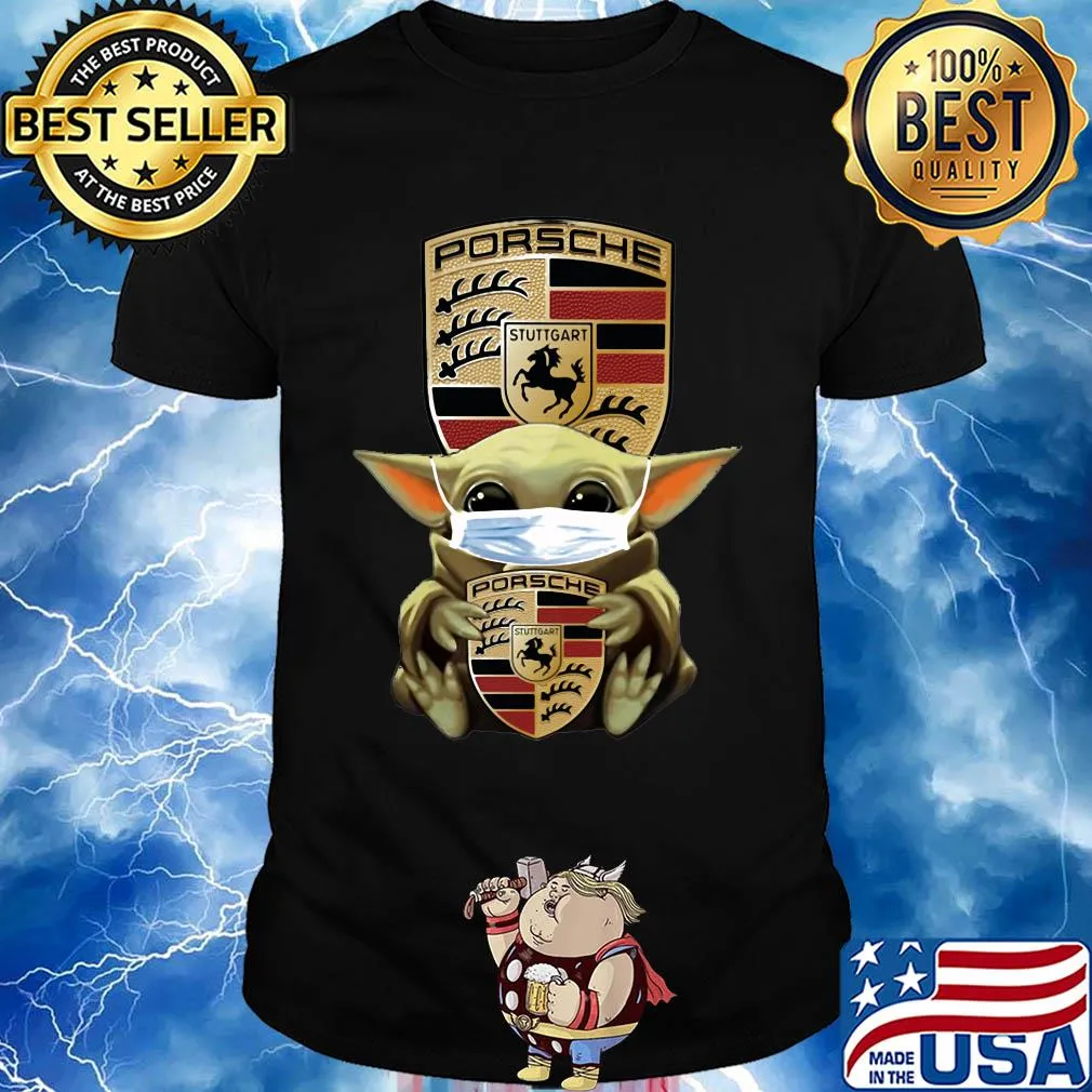 Baby Yoda mask hug Porsche Stuttgart shirt