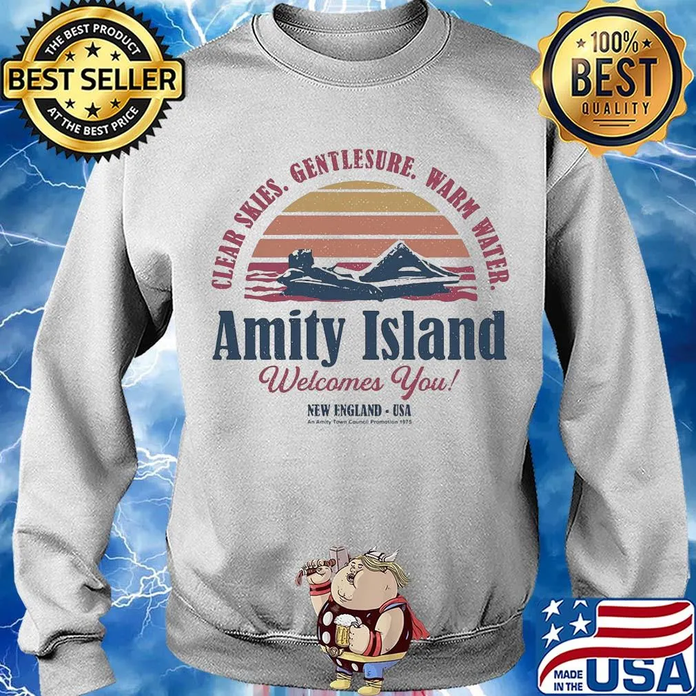 Clear skies gentlesure warm water amity island welcomes you new england usa vintage s Sweater