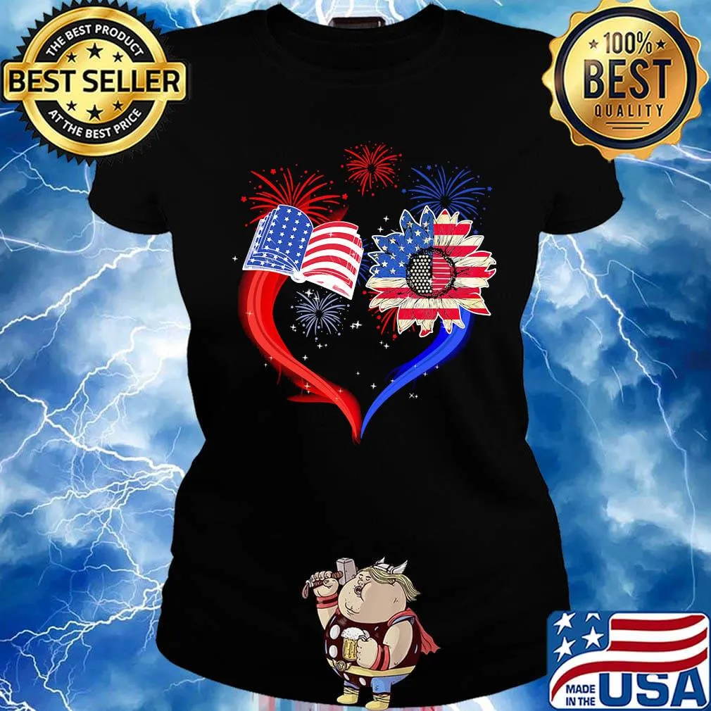 Book Flower Heart American Flag Independence Day Shirt Ladies tee