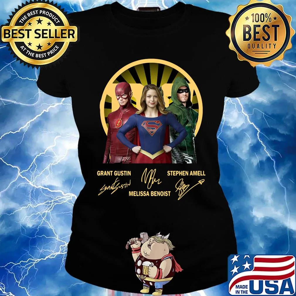 Flash supergirl and arrow grant gustin melissa benoist stephen amell signatures s Ladies tee