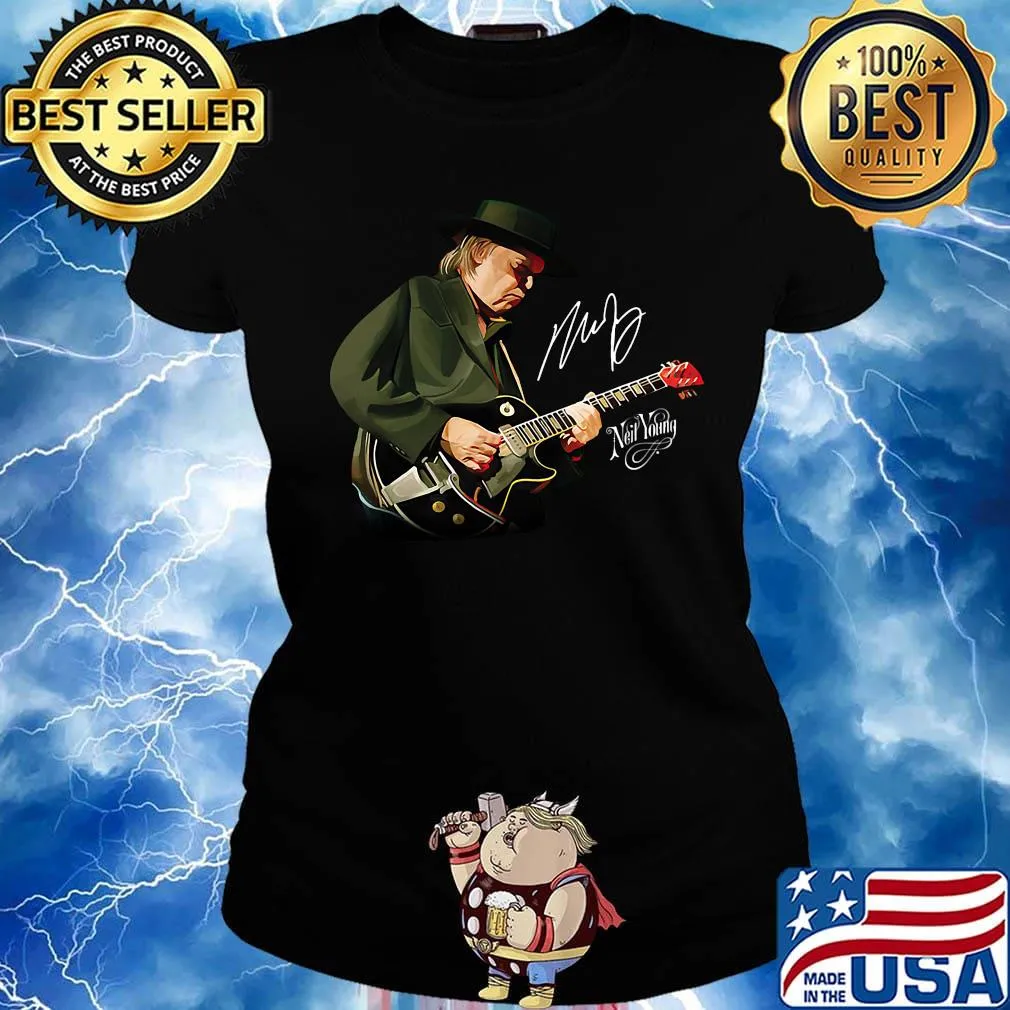 Neil young playing guitar signature art s Ladies tee