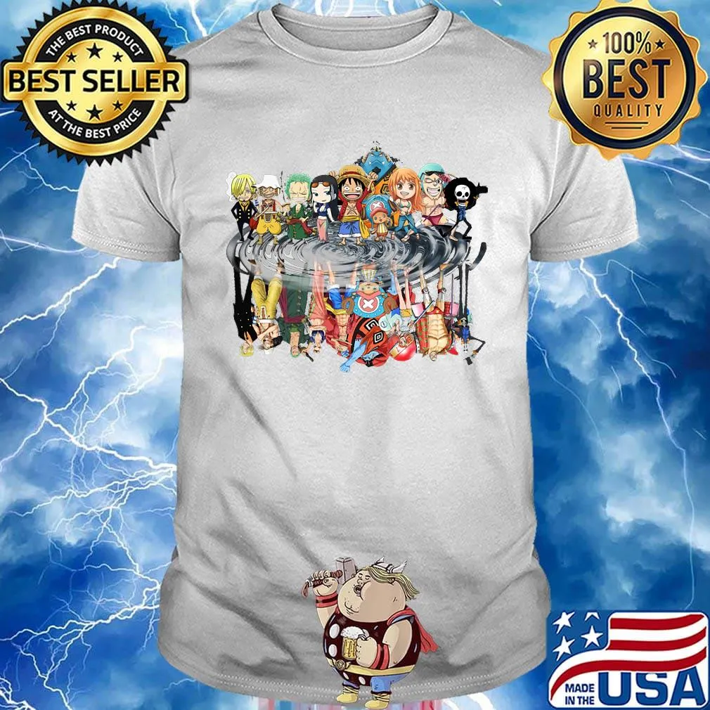 One piece cartoon chibi characters water reflection shirt