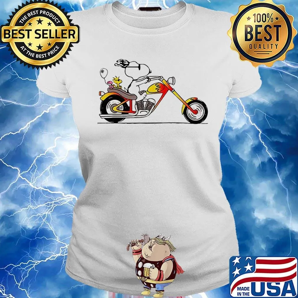Snoopy and woodstock riding a motorcycle s Ladies tee