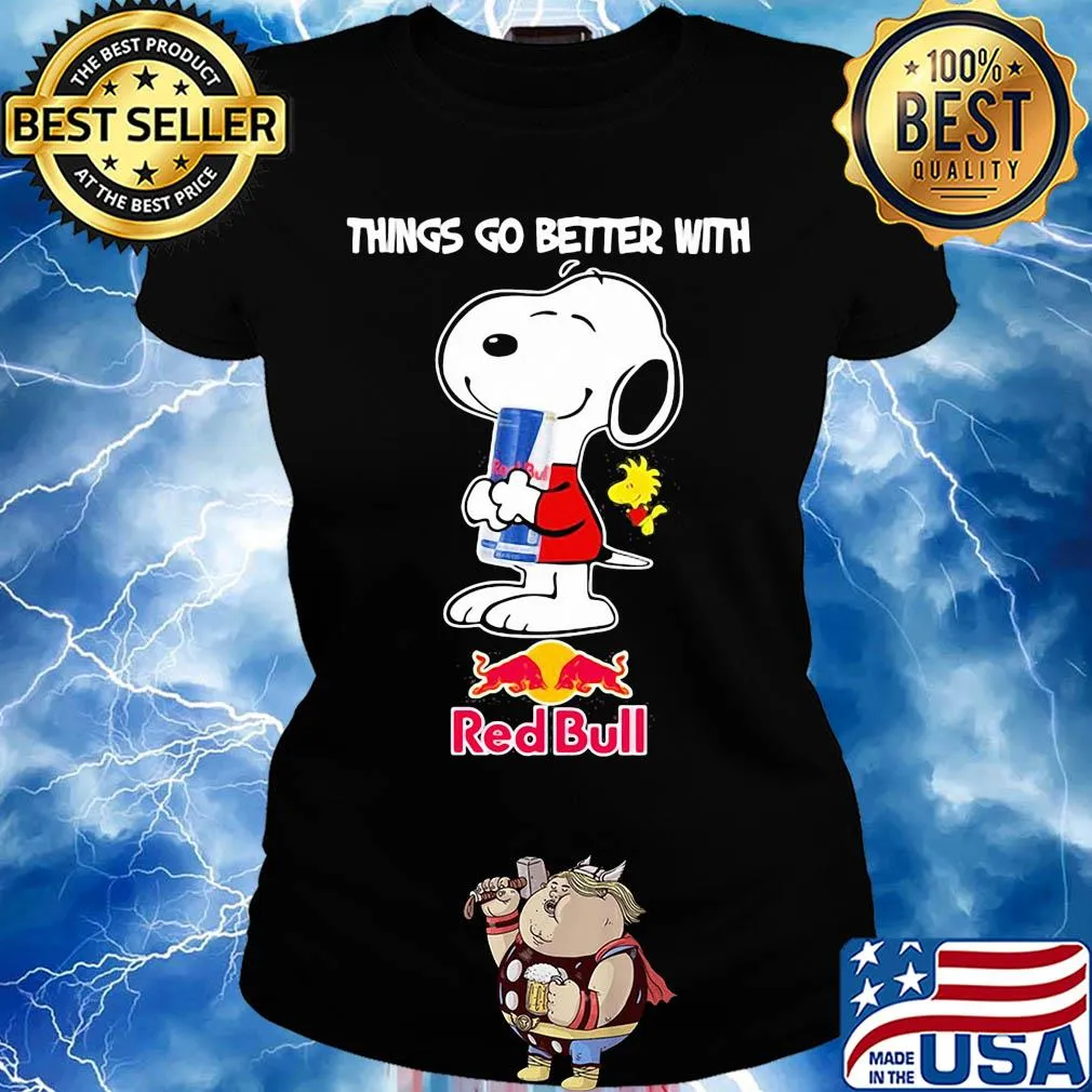 Snoopy and woodstock things go better with red bull s Ladies tee