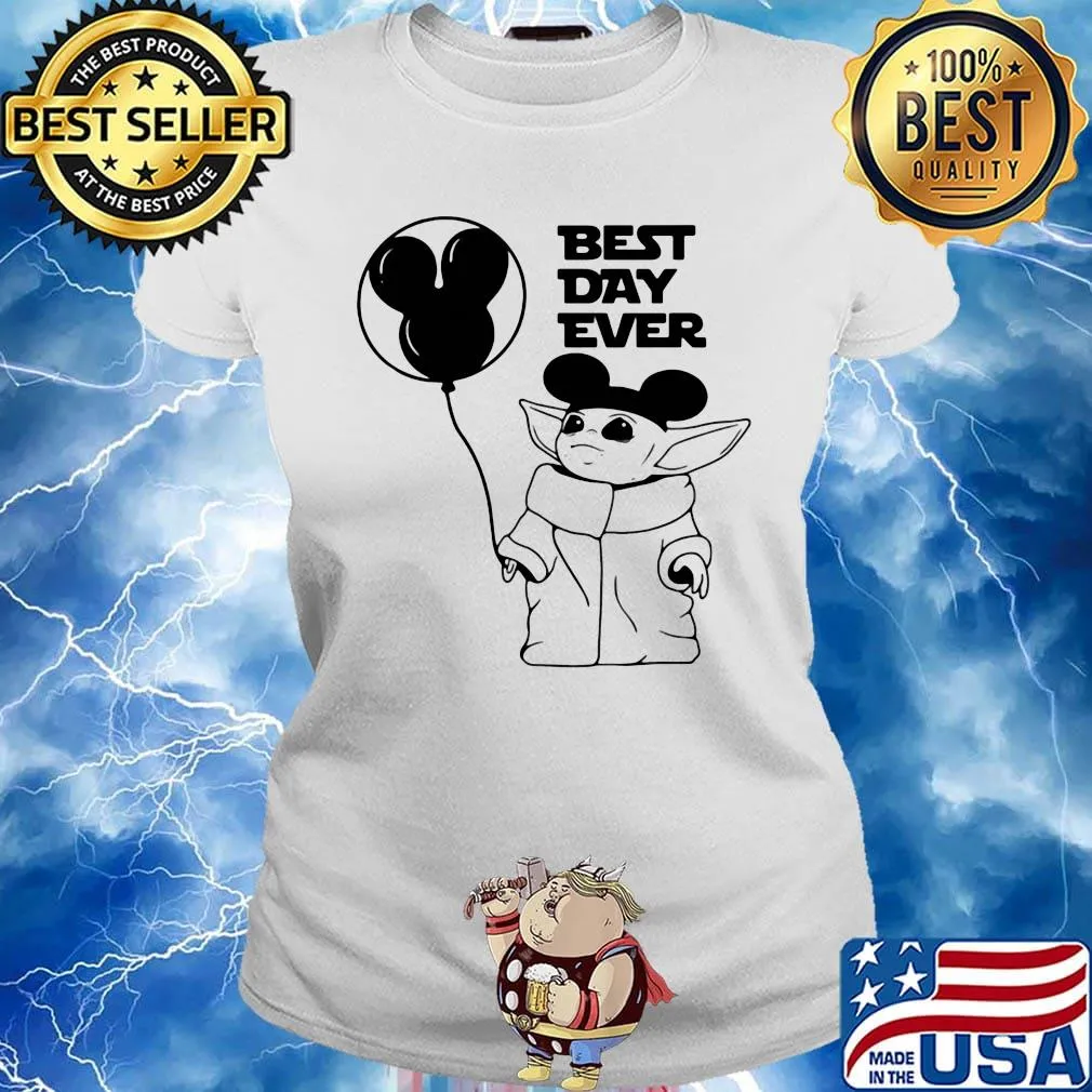 Star wars baby yoda holding balloon mickey mouse best day ever s Ladies tee