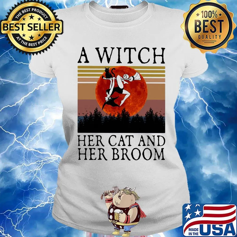 A witch her cat and her broom vintage retro s Ladies tee
