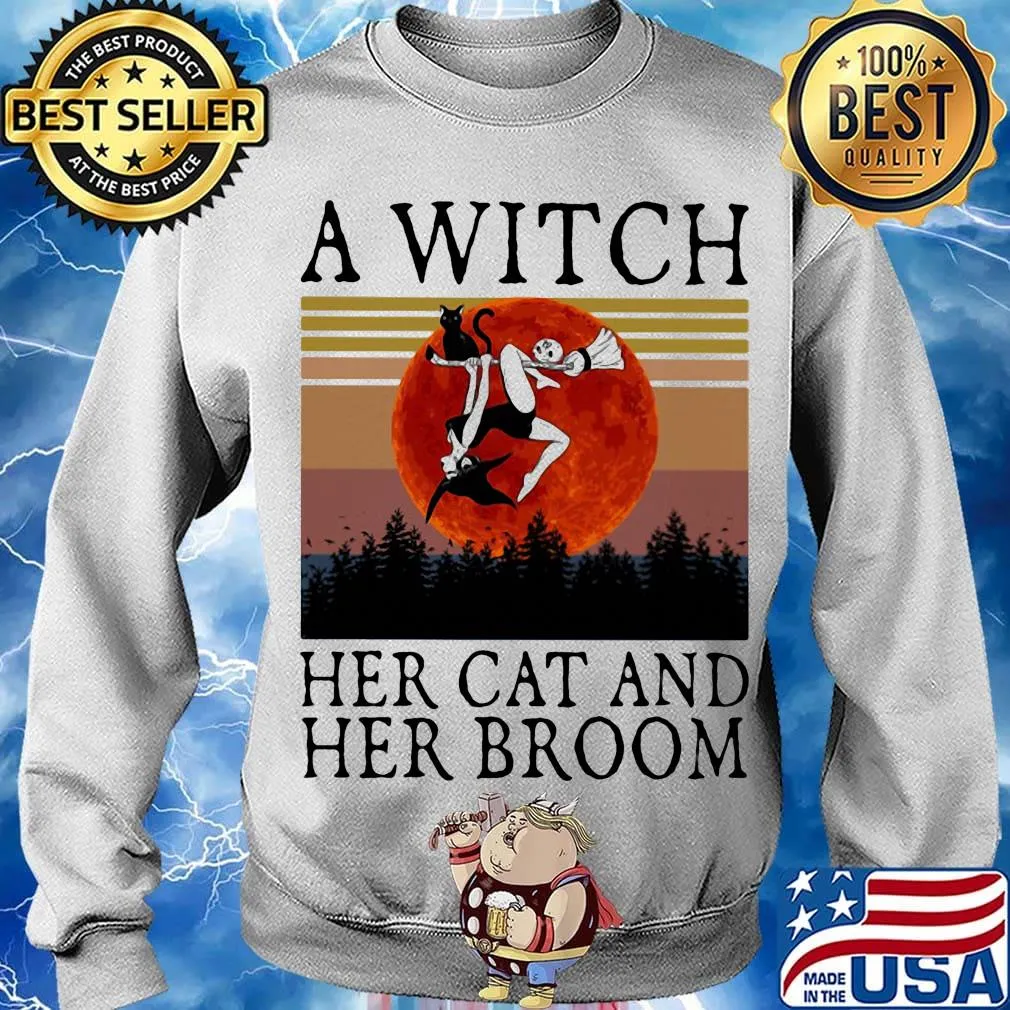 A witch her cat and her broom vintage retro s Sweater