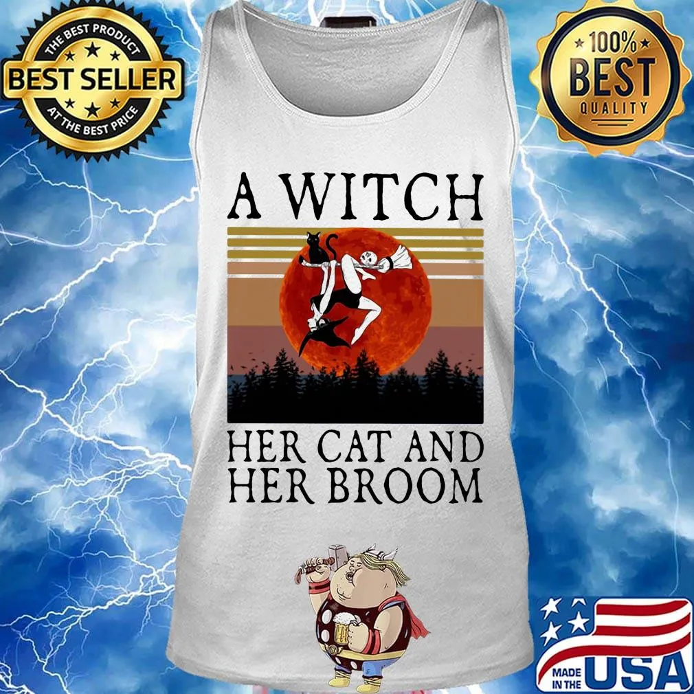 A witch her cat and her broom vintage retro s Tank top