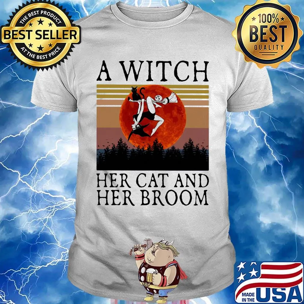 A witch her cat and her broom vintage retro shirt