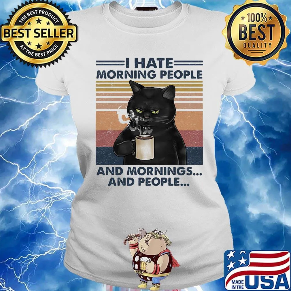 Black cat drink tea i hate morning people and mornings and people vintage retro s Ladies tee