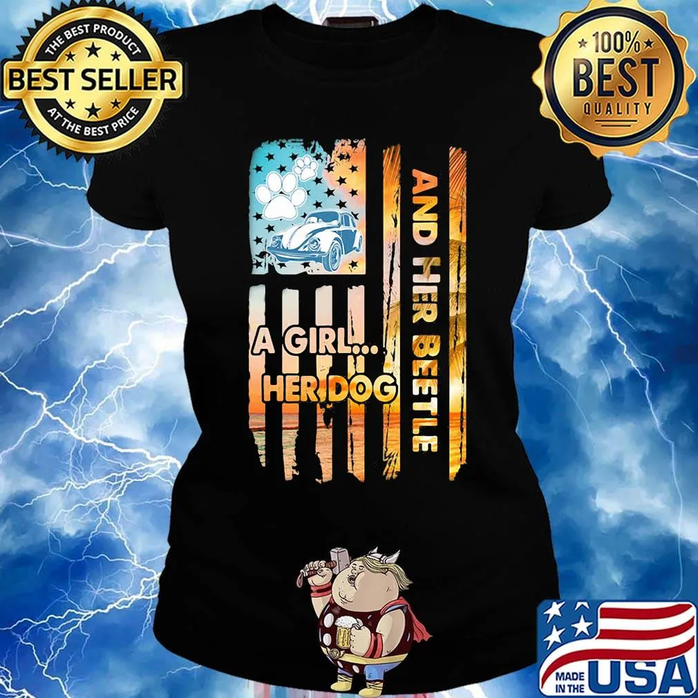 Car a girl her dog and her beetle american flag independence day s Ladies tee