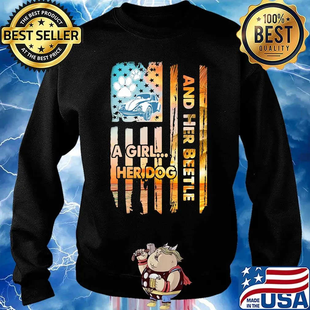 Car a girl her dog and her beetle american flag independence day s Sweater