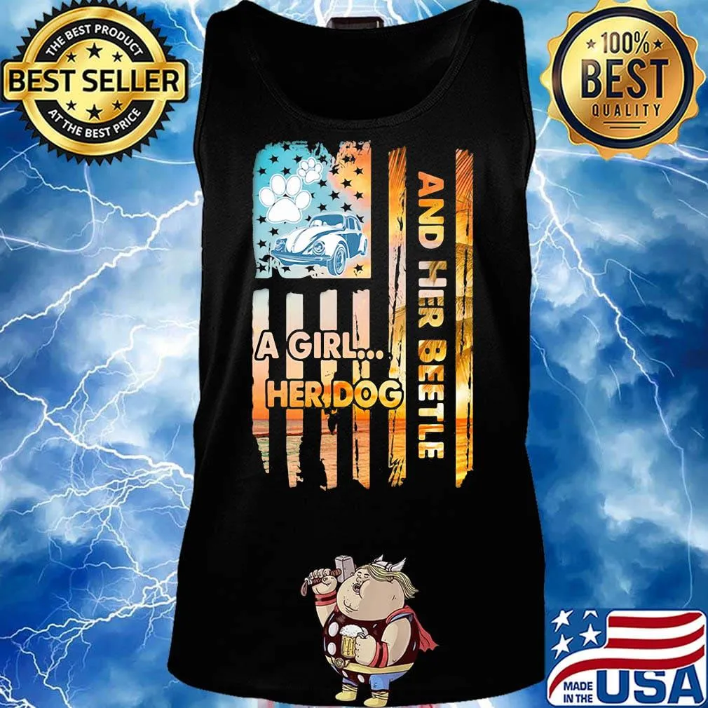 Car a girl her dog and her beetle american flag independence day s Tank top