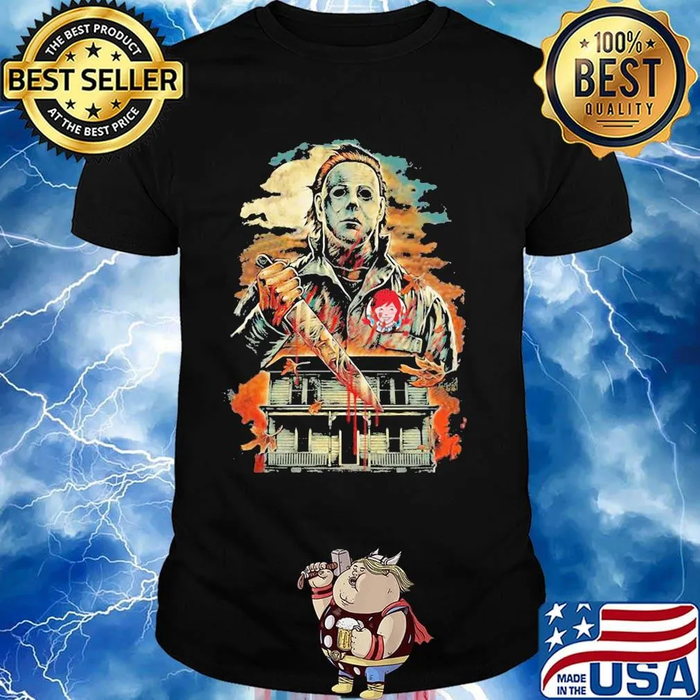 Halloween michael myers holding knife fire wendy's shirt