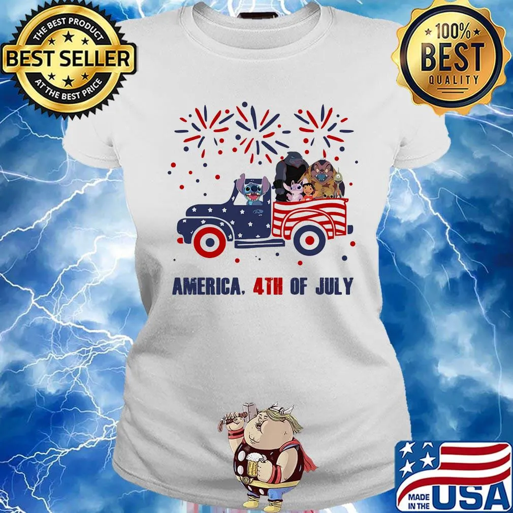 Lilo & stitch characters driving car firework america 4th of july independence day s Ladies tee
