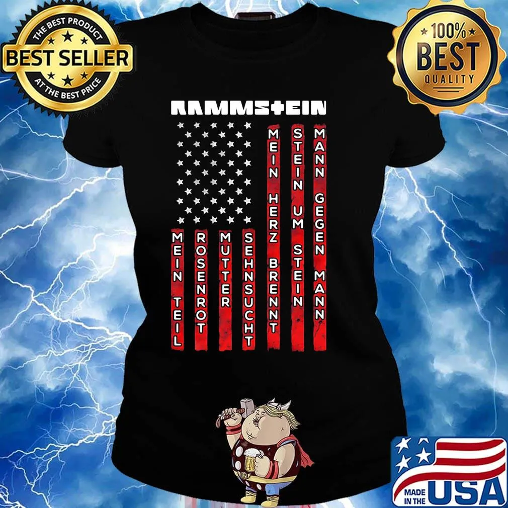 Rammstein band mein teil rosenrot mein herz brennt stein um stein mann gegen mann american flag independence day s Ladies tee