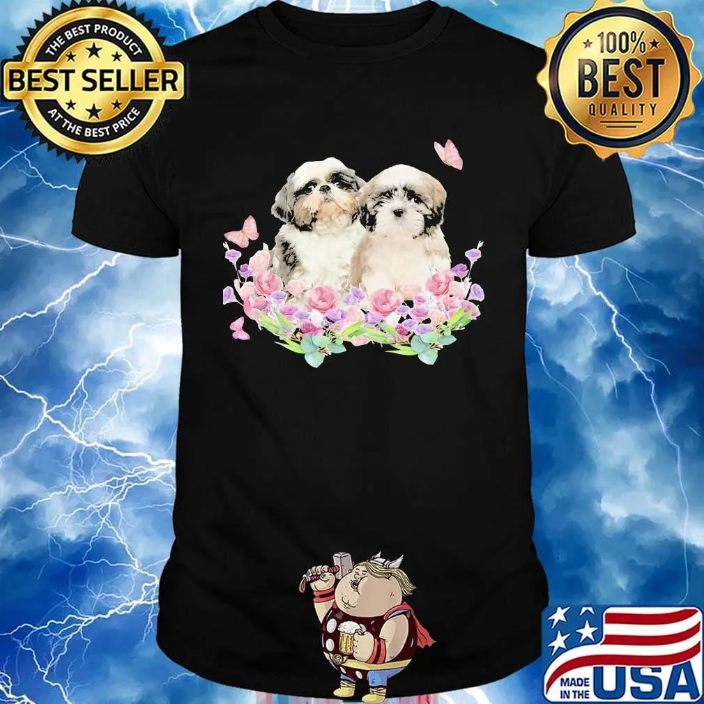 Shih Tzu couple butterfly flowers shirt
