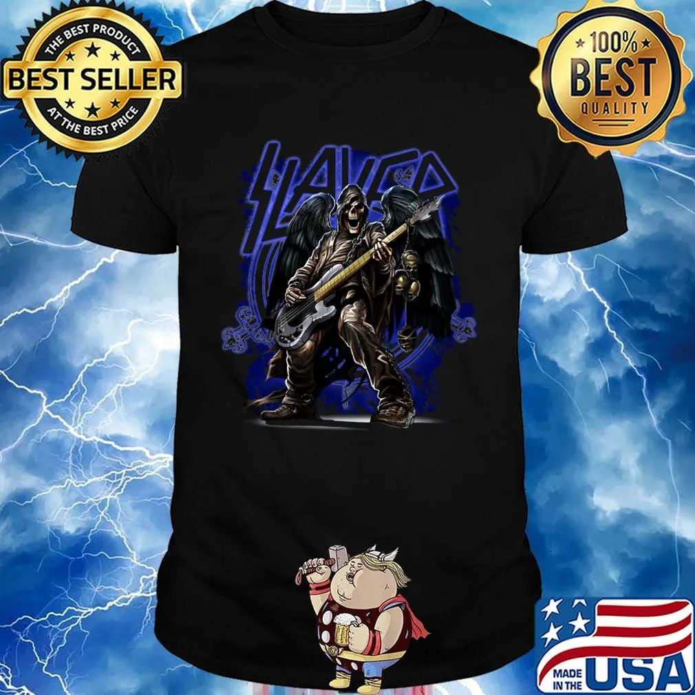 Slayer band skeleton wings playing guitar shirt