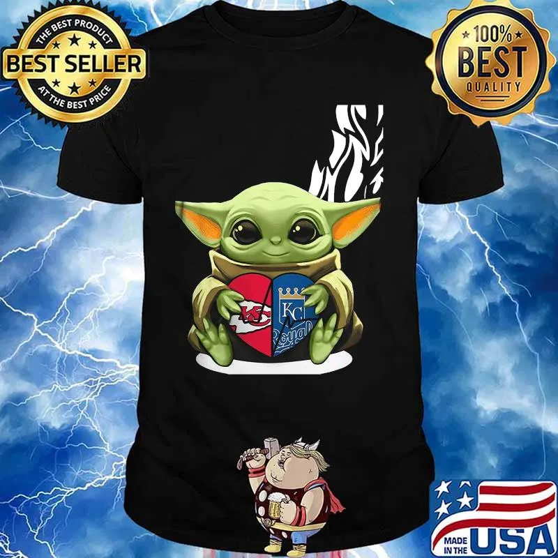 Baby yoda hug heart kansas city chiefs and kansas city royals shirt