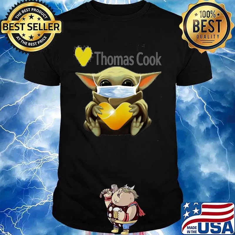 Baby yoda mask face and hug thomas cook shirt