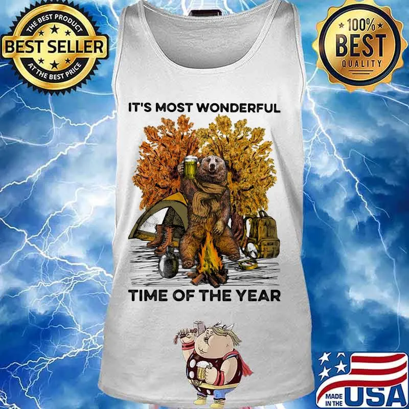 Bear drink beer camping it's the most wonderful time of the year leaves tree s Tank top