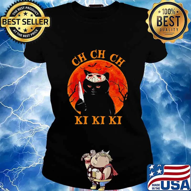 Black cat with knife Ch Ch Ch Ki Ki Ki sunset s Ladies tee
