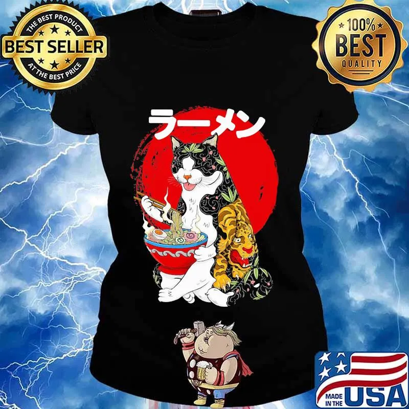 Cat eating sushi tattoo japanese sunset s Ladies tee