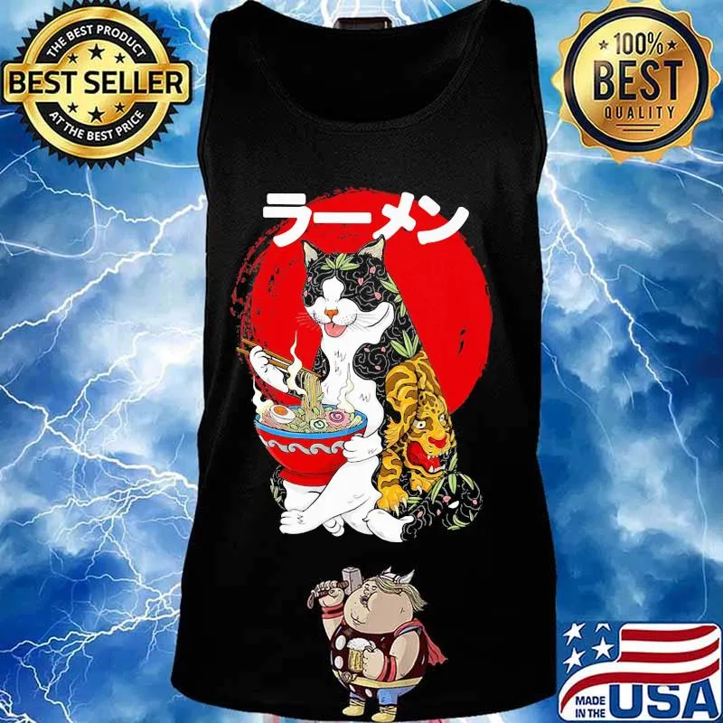 Cat eating sushi tattoo japanese sunset s Tank top