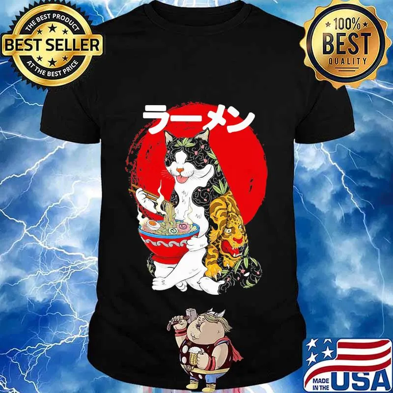 Cat eating sushi tattoo japanese sunset shirt