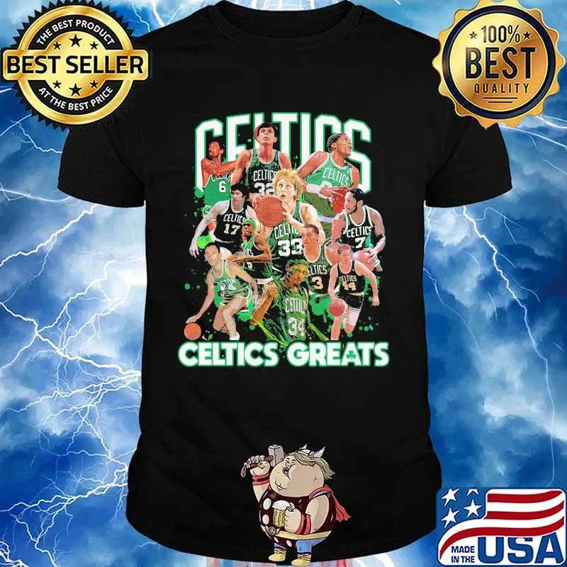 Celtics greatest players in baseball shirt