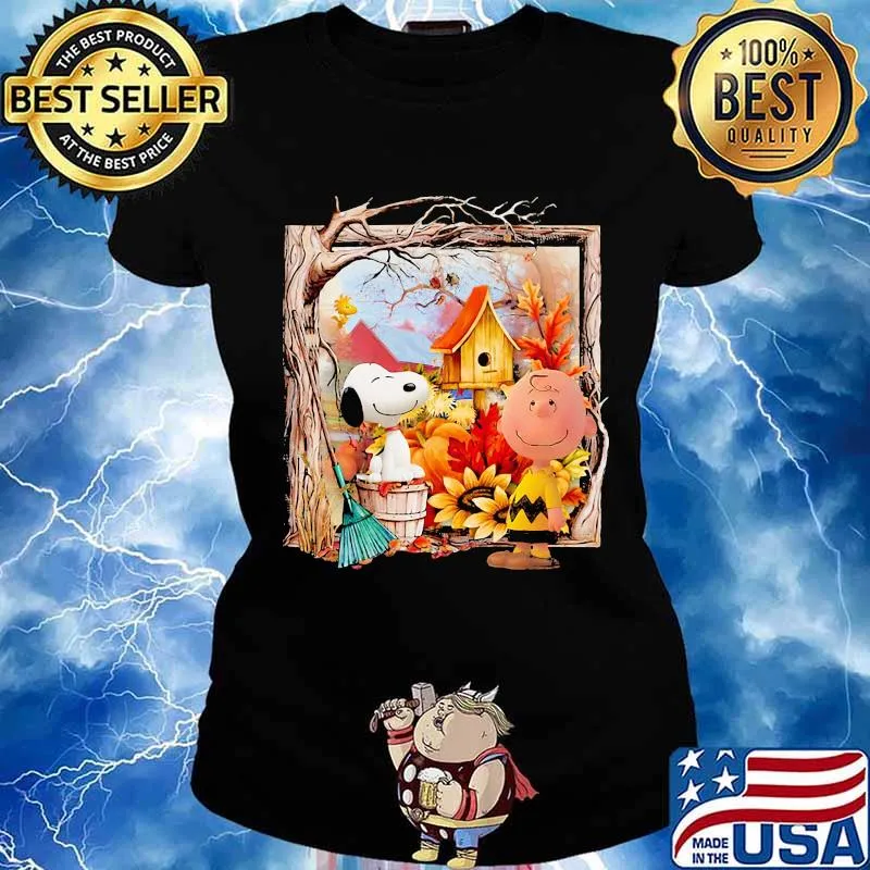 Charlie brown and snoopy fall maple leaves sunflowers s Ladies tee