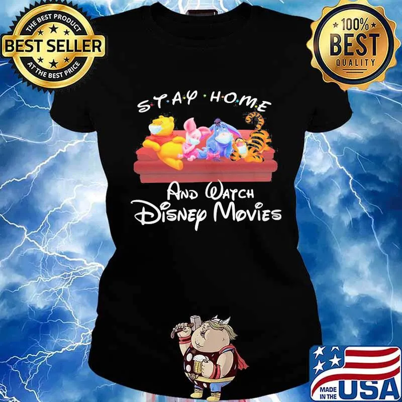 Disney cartoon characters mask sitting sofa tray home and watch disney movies s Ladies tee