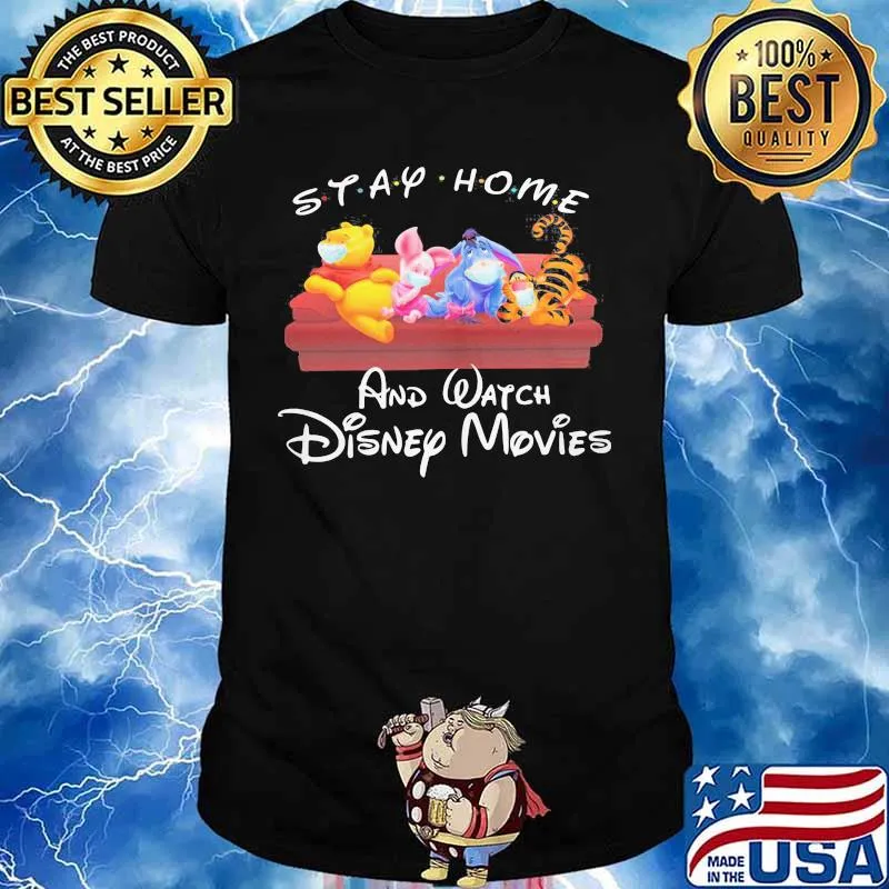 Disney cartoon characters mask sitting sofa tray home and watch disney movies shirt