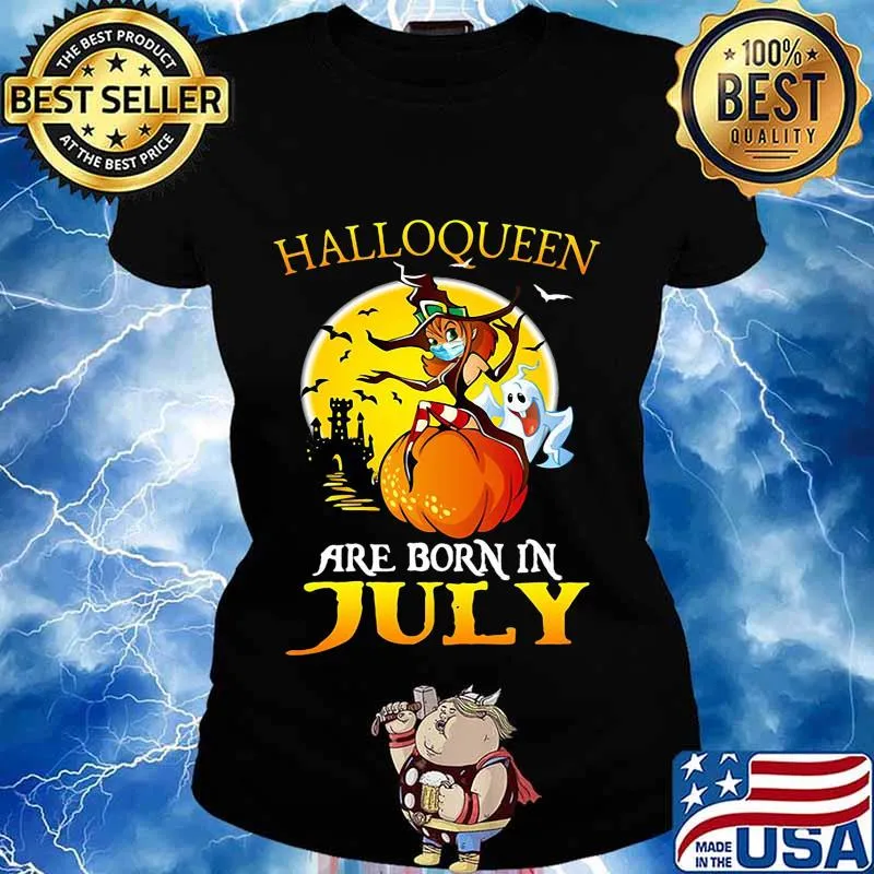 Halloqueen are born in july ghost witch mask s Ladies tee
