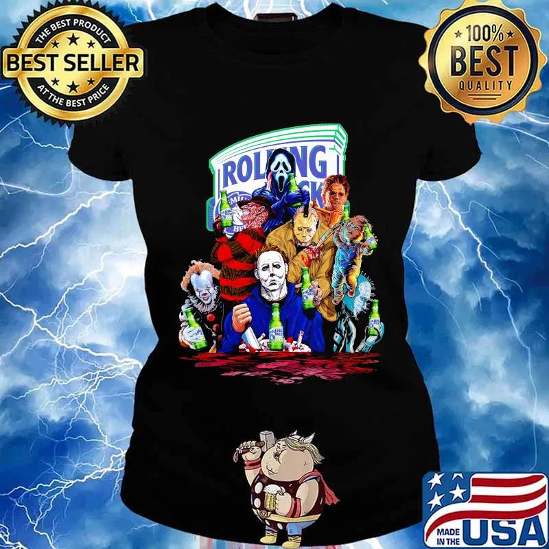 Halloween horror characters drinking rolling rock s Ladies tee