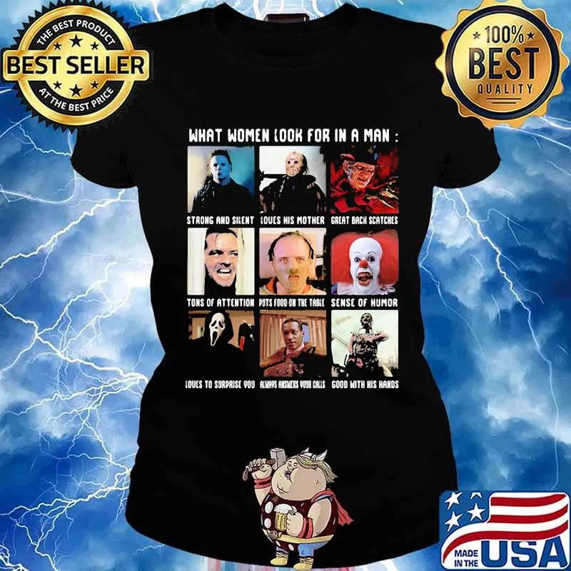 Halloween horror characters what women look for in a man s Ladies tee