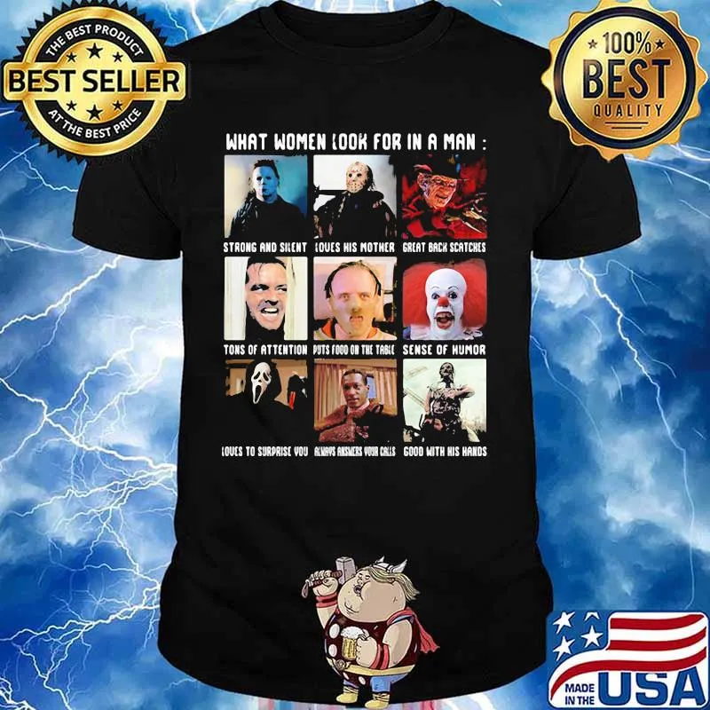 Halloween horror characters what women look for in a man shirt