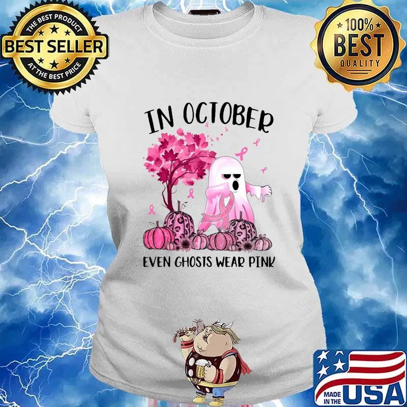 Halloween in october even ghosts wear pink pumpkin leaves tree cancer awareness s Ladies tee