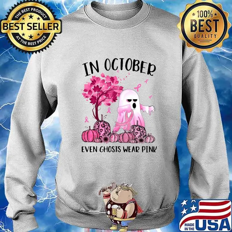 Halloween in october even ghosts wear pink pumpkin leaves tree cancer awareness s Sweater