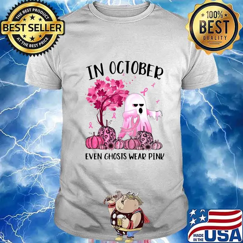 Halloween in october even ghosts wear pink pumpkin leaves tree cancer awareness shirt