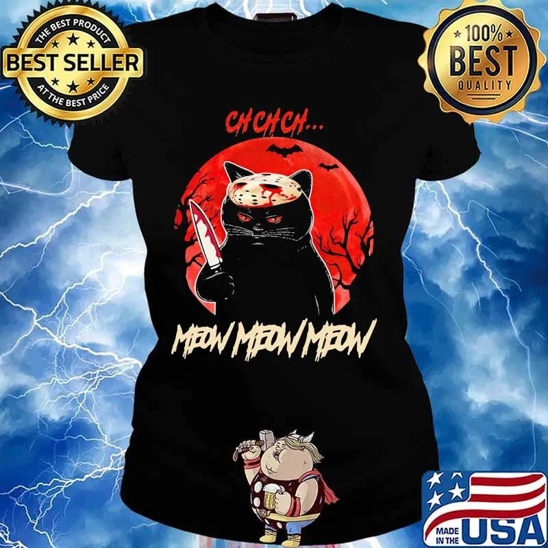 Halloween jason voorhees black cat ch ch ch meow sunset s Ladies tee
