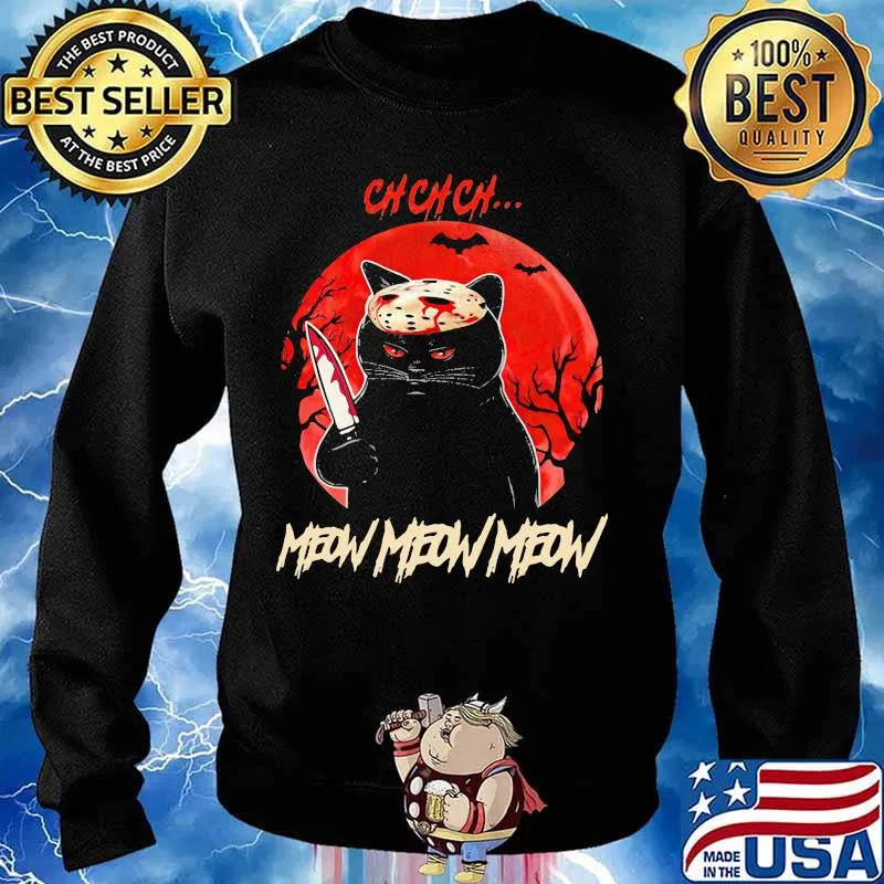 Halloween jason voorhees black cat ch ch ch meow sunset s Sweater