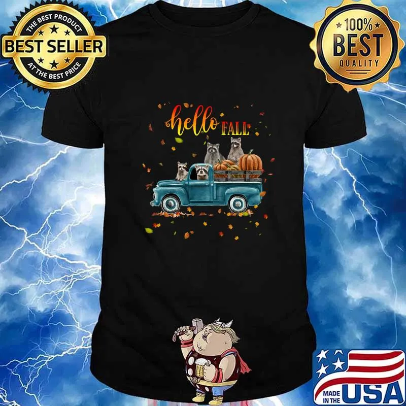 Halloween raccoon riding car hello fall pumpkin shirt
