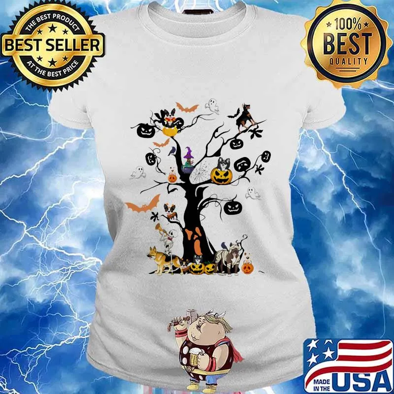 Halloween tree dogs pumpkins ghost bats s Ladies tee