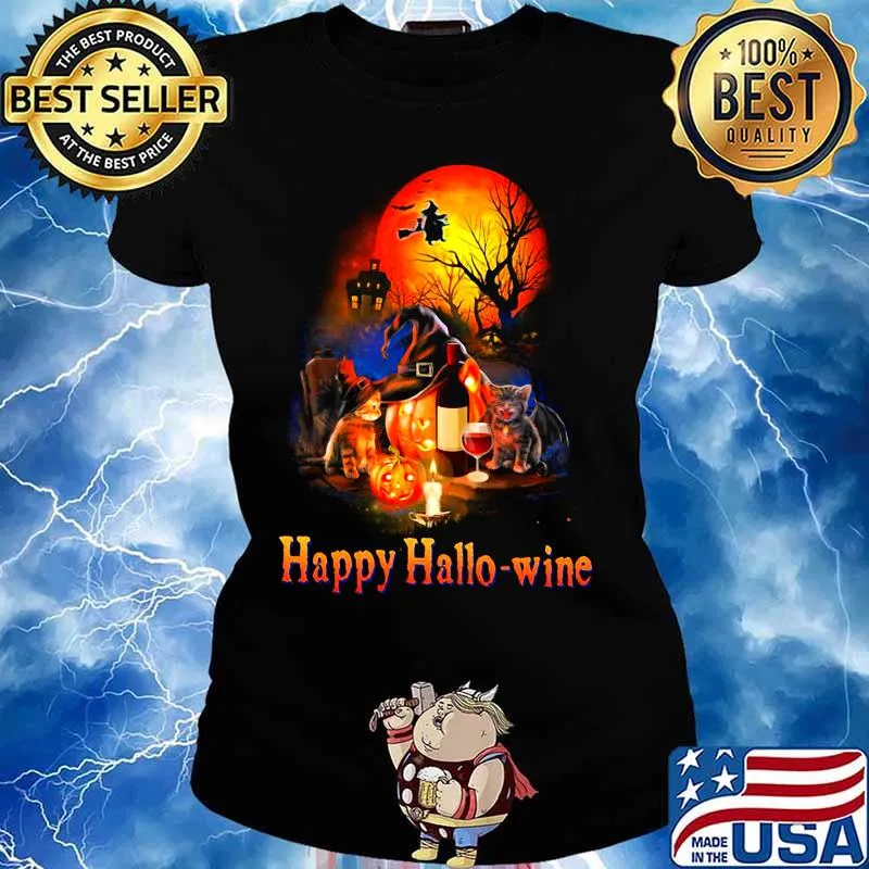 HAPPY HALLO-WINE CAT PUMPKIN SUNSET HALLOWEEN SHIRT Ladies tee