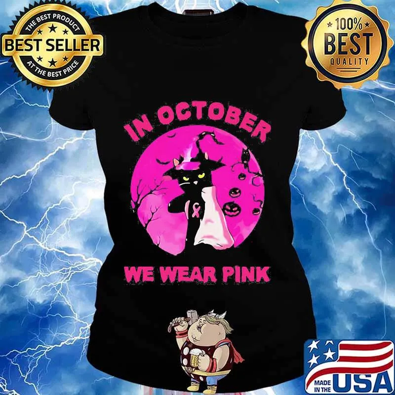IN OCTOBER WE WEAR PINK CAT SUNSET HALLOWEEN SHIRT Ladies tee