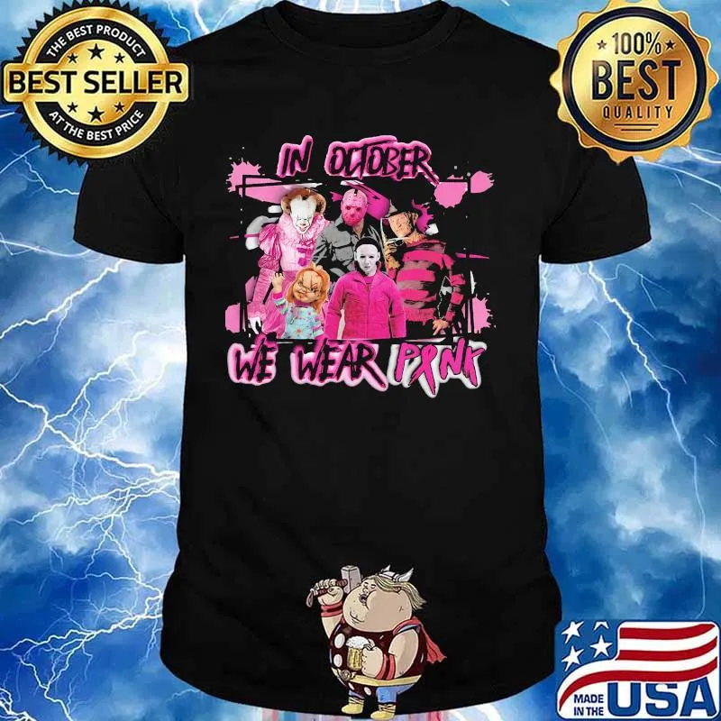 In october we wear pink horror characters cancer awareness shirt