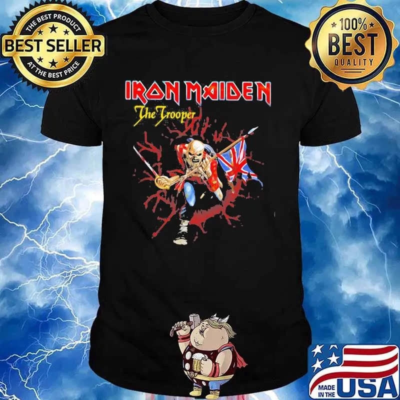 Iron maiden band the trooper skeleton holding british flag shirt