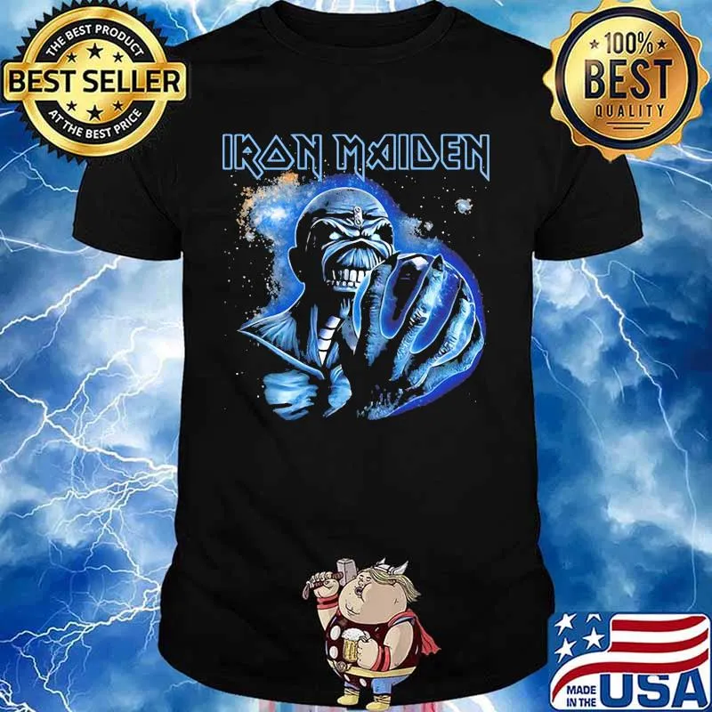 Iron maiden skeleton holding earth shirt