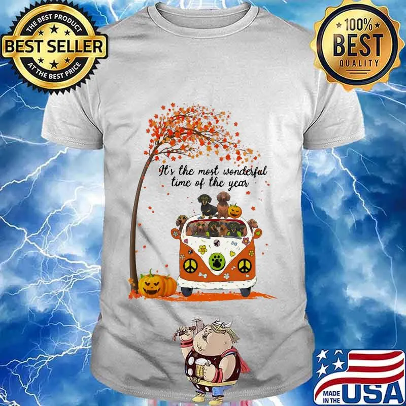 Peace bus dachshund it's the most wonderful time of the year leaves tree pumpkins shirt
